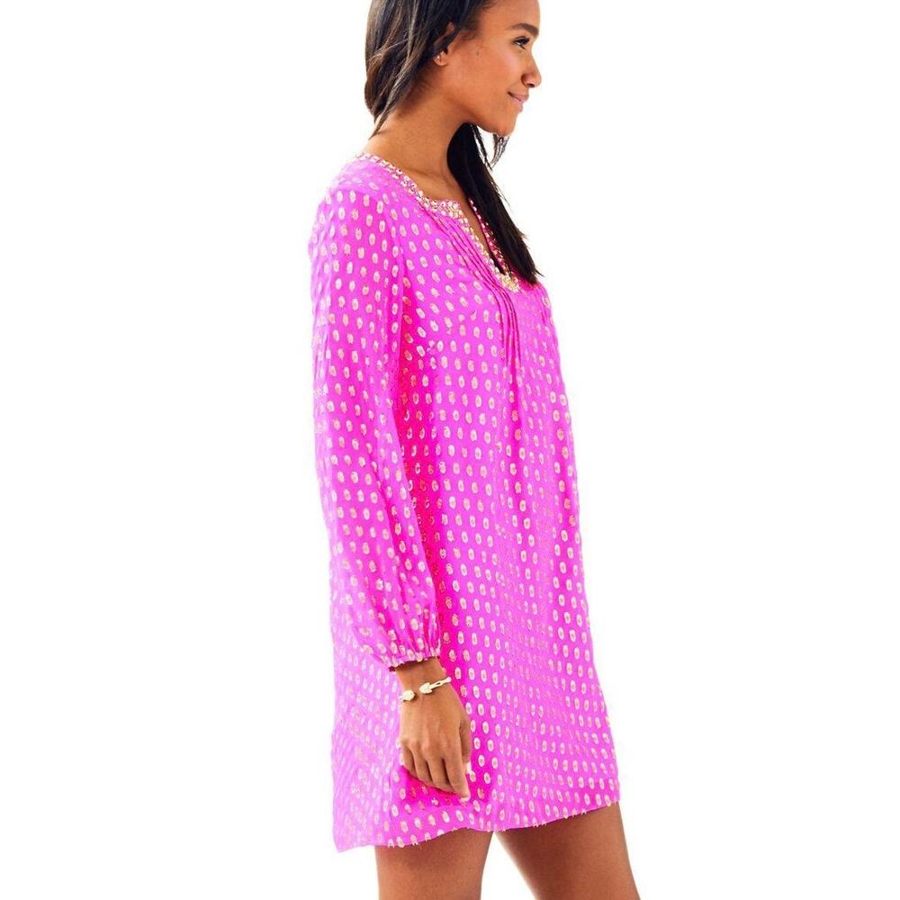 LILLY PULITZER Colby Silk Long Sleeve Tunic Dress Pink Gold 2 - Picture 10 of 10